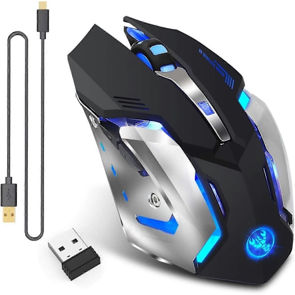 Laddningsbar 2.4Ghz Trådlös Spelmus med USB-mottagare, 7 Färger Bakgrundsbelysning för MacBook, Dator PC, Laptop (600Mah Litiumbatteri)
