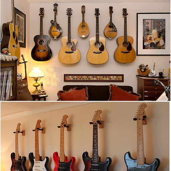 Väggmonterat gitarrställ i äkta trä, 2-pack, gitarrhängare, väggkrok, hållare, stativ, display med skruvar - Lätt att installera - Passar alla storlekar på gitarrer, basar