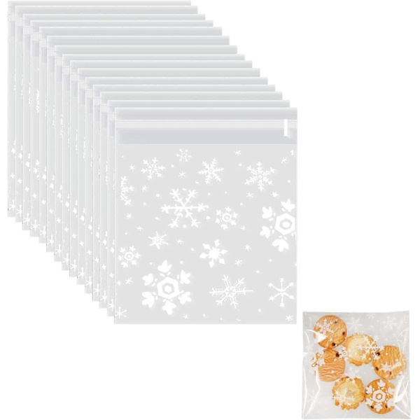 200 stycken julgodispåsar, självhäftande återförslutningsbara snöflingor godisförvaringsväska cellofan presentpåsar för julhelgfesttillbehör (5,5