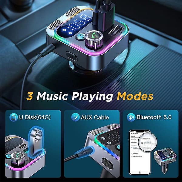 Bluetooth 5.0 FM-sender, billader til bil, Pd-billader til bil, qc3.0-oplader, hurtigoplader, Bluetooth-sender til bil, bas, surroundsound