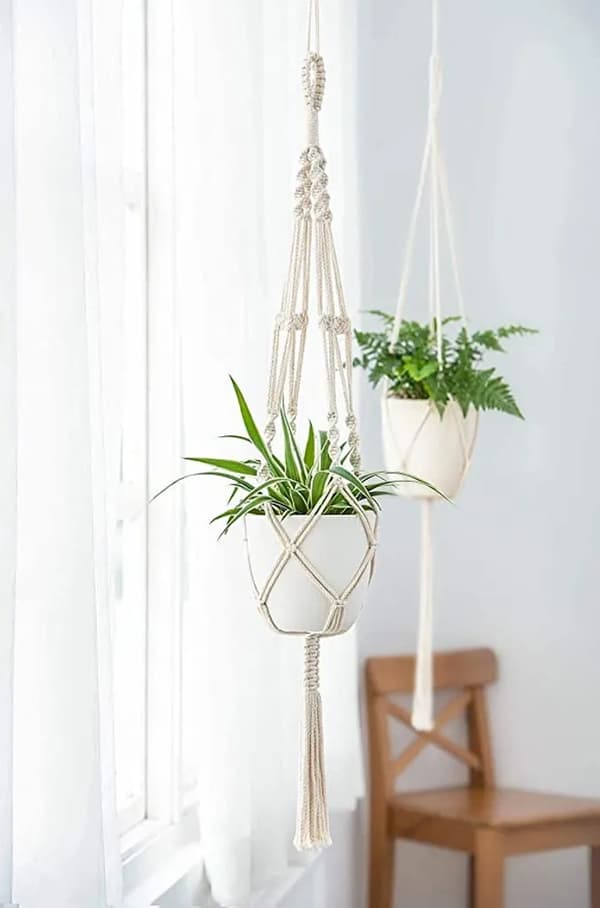 Hängande blomkorgar, set med 2 macrame hängande blomkorgar, bomullsrep, 105 cm—