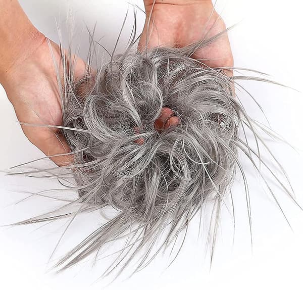 Rod Bun Grå Tousled Updo Hår Scrunchies Extension Med Elastisk Gummi