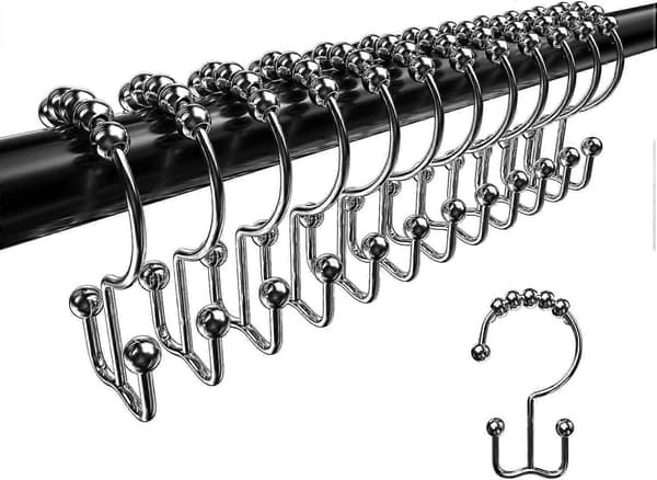 Duschdraperi Krokar Ringar, Rostfria Metall Dubbla Glidande Duschdraperi Ringar för Badrum Duschstänger Gardiner, 12-pack