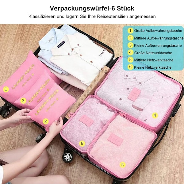 Packningskub Resväska Organizer Set med 6 för Ryggsäck och Resväska, 3 Packningskuber och 3 Förvaringspåsar, Reseklädväskor (Rosa)