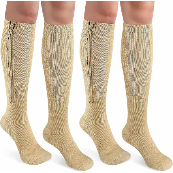2 par dragkedja kompressionsstrumpor för kvinnor och män, 15-20 mmHg stängd tå knähöga stödstrumpor för åderbråcködem/3X-Large/Beige