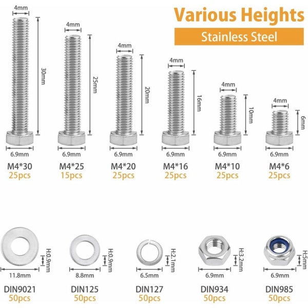 390 stk. M4 sekskantboltesæt, 304 udvendige sekskantede sekskantbolte i rustfrit stål med sortiment af flad skive og møtrikker, Yeuried
