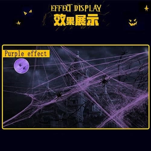 Halloween Edderkoppespind Dekoration - ANNEFLY 100g Strækbart Edderkoppespind - 10 Plastik Edderkopper - Lilla