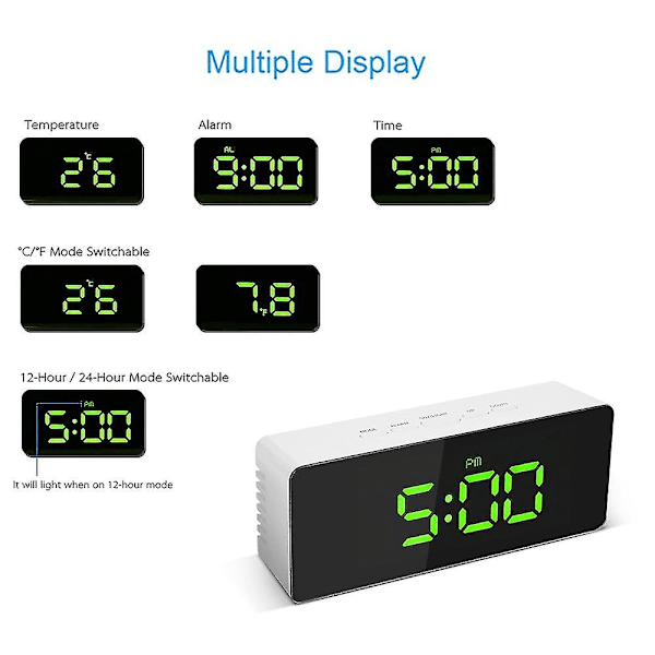 Digital LED-väckarklocka USB och batteridriven 12h/24h C/f-display Alarmklocka med snoozefunktion Justerbar LED