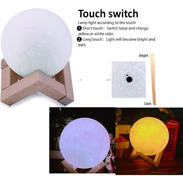 Full Moon Lamp 3d Led Nattlampa Dimbar Touch Control Ljusstyrka Usb Laddning