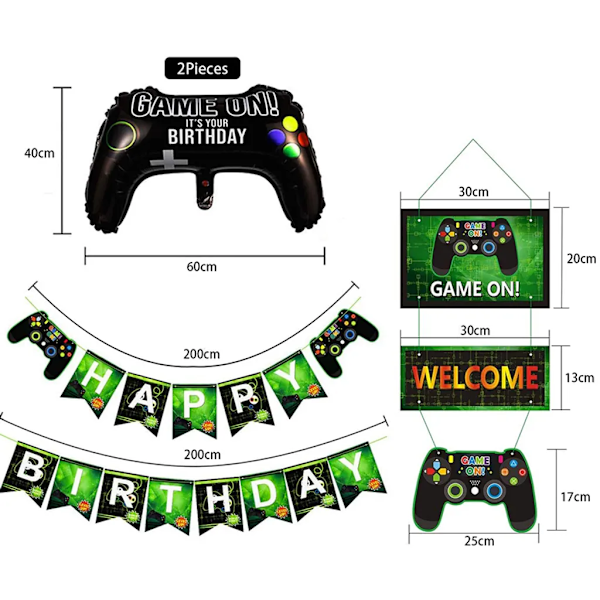 Festspillutstyr for videospill, Happy Birthday Gaming Banner og 2 stk Game on Controller aluminiumsfolie ballonger festdekorasjoner for barn gutter fest