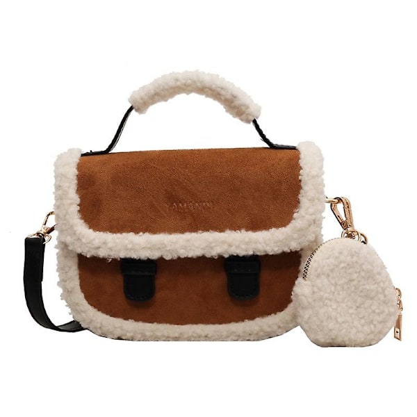 Plush Velvet Bag Womens Design Frosted Retro Crossbody Bag Portable Furry Saddle Bag（brown）