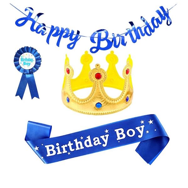 Pojkar Birthday King Crown Combo (Blå), Birthday Boy Bälte, flagga och knappnål - Birthday Boy Party Dekoration, Boys Birthday Party Dress