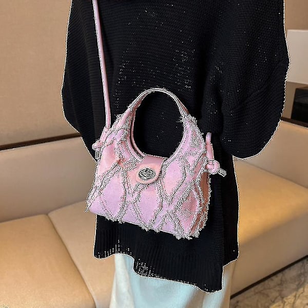 Handväska, dam denim handväska mode axelväska Argyle plånbok crossbody väska（Rosa）