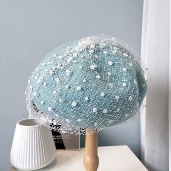 Baskrar för kvinnor Elegant nät slöja åttakantig hatt Polka Dots spets ren ull varm mössa konstnär stickad solid Dome mössor（En storlek, ljusblå）