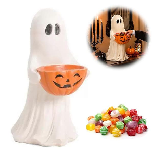 Halloween-spøkelsesstatue godteskål med gresskar til festborddekorasjon og gave 35CM