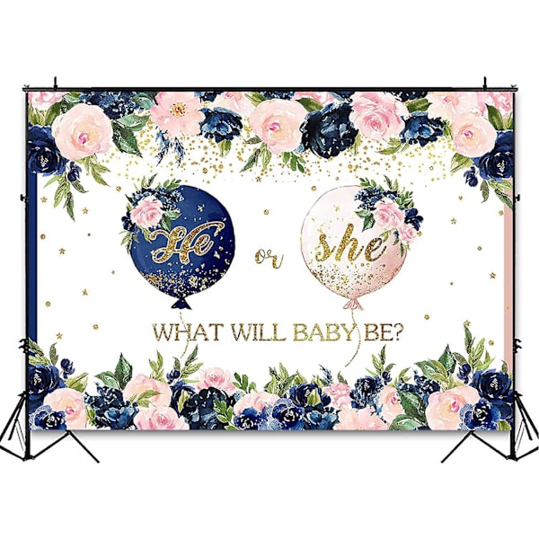 Navy och Blush Könsavslöjande Bakgrund, Han eller Hon Tema, Blå och Rosa Blommig Fotobakgrund för Graviditetsöverraskning