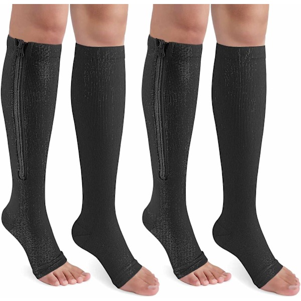 2 par dragkedja kompressionsstrumpor för kvinnor och män, 15-20 mmHg öppna tå knähöga stödstrumpor för åderbråcködem-L/XL-svart