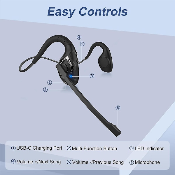 Bluetooth-headset med mikrofon, åbne øre-hovedtelefoner trådløse støjreducerende headset til kontor, kørsel, arbejde, hjem (sort)