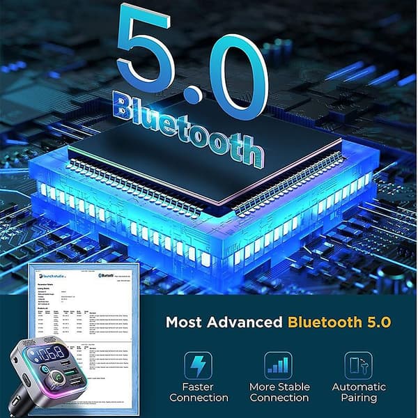 Bluetooth 5.0 FM-sender, billader til bil, Pd-billader til bil, qc3.0-oplader, hurtigoplader, Bluetooth-sender til bil, bas, surroundsound