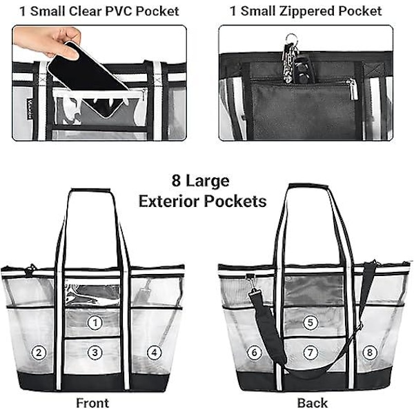 42l Extra Stor Mesh Strandväska. 9 Fack Topp Zip Tote Väska Axelväska
