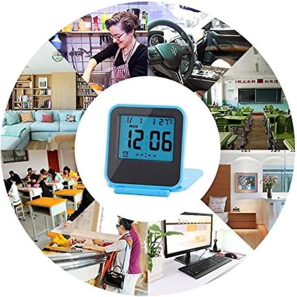 Mini digital väckarklocka vikbar multifunktionell bärbar LED morgonväckarklocka med kalender temperatur datum veckodag (blå) batteri ingår ej