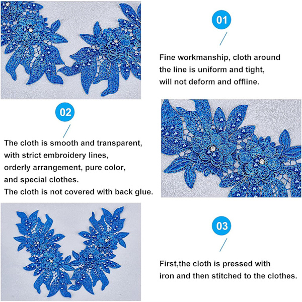 Dww-2 stk. 3D blonder applikationspatches, blå sy på broderi blonder blomster patches blomstermønster perle rhinsten blonder trim stof perle appl