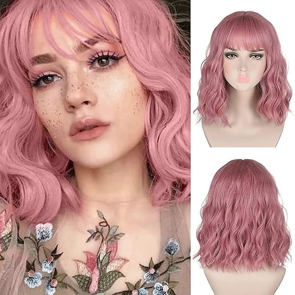 Axellång kort lockig full lugg dam vågig bob peruk (rosa)