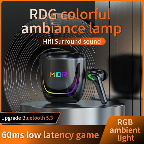 Trådlösa Bluetooth-hörlurar med intelligent brusreducering, tre musiklägen, bländande RGB-dynamik ljuseffekt, halv i örat hörlurar