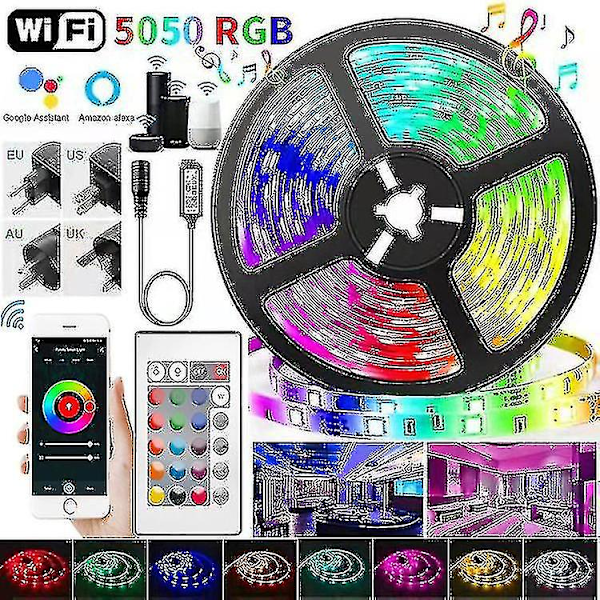 20m LED-lys Bluetooth RGB-lys LED-båndlys med 44-tasters fjernkontroll Musikk Synkronisering Fargeskiftende LED-stemningsstripe Fule53-5050 24key Wifi-plugg-15m Full