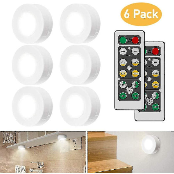 Skåpsbelysning LED med fjärrkontroll, 6 st skåpsbelysning - Vit