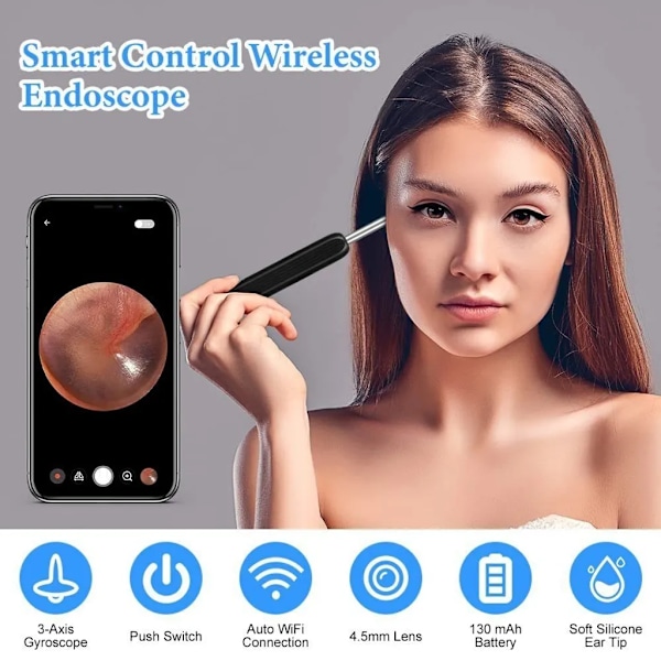 Ørerenser Ørevoksfjerner Otoskop Wifi Ørerenser Kamera, IP67,6 LED