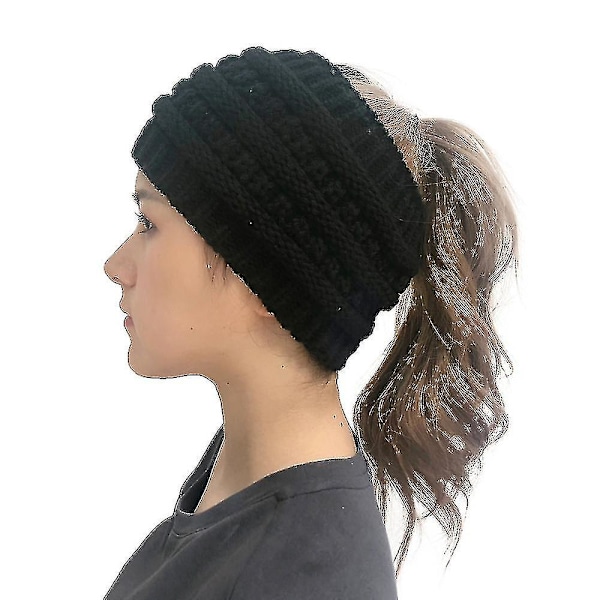 Ponytail Beanies For Women | Messy Bun Knit Beanie（Black）