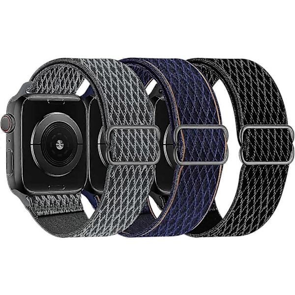 Stretchiga Nylon Solo Loop-band Kompatibla med Apple Watch 42mm/44mm/45mm, Armband för iWatch Serie 7/6/5/4/3/2/1 SE, 3-pack K 42 Svart/Stormgrå/Djup