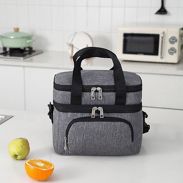 Isolerad lunchväska för kvinnor och män, dubbeldäckad lunchlåda, läckagesäker återanvändbar lunchväska, mjuk stor lunchkylväska med justerbar axelrem
