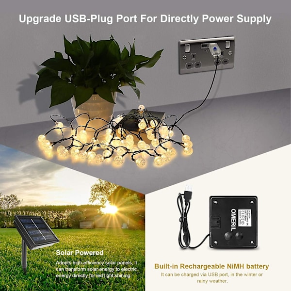 Aurinkokennovalolliset valosarjat, 50 LED-kristallipalloa, IP65-vedenkestävä, ylimääräinen USB-liitin, 8 tilaa, sisä- ja ulkokoristevalot