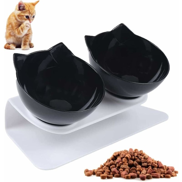 Kattskål, kattskål, dubbel kattskål, 15° lutande hållare, halkfri, för att minska nacksmärta hos husdjur, för små katter och hundar (svart)