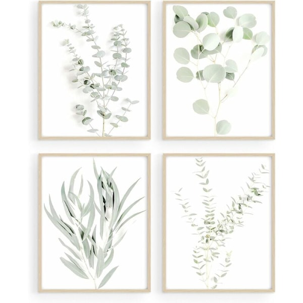 Botaniske plantevægkunsttryk - Sæt med 4 plantevægdekorationstryk Blomster Køkken Blomsterblade Vægkunst Boho-blade Eucalyptus (uindrammet) 8x10