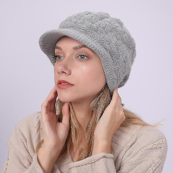 Stickad solhatt för damer - Stickad mössa - Beret - Vintervarm skidmössa - Grå