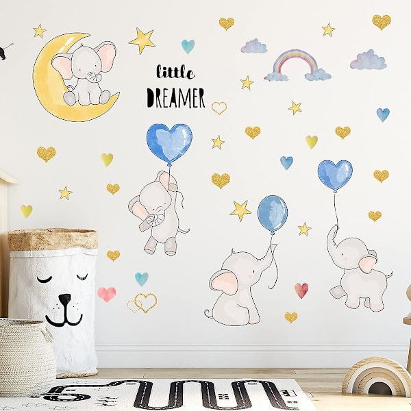Flygande Baby Elephant Väggdekaler, Cartoon Cute Lovely Elephant med Moon Hearts and Stars Vägg Stick