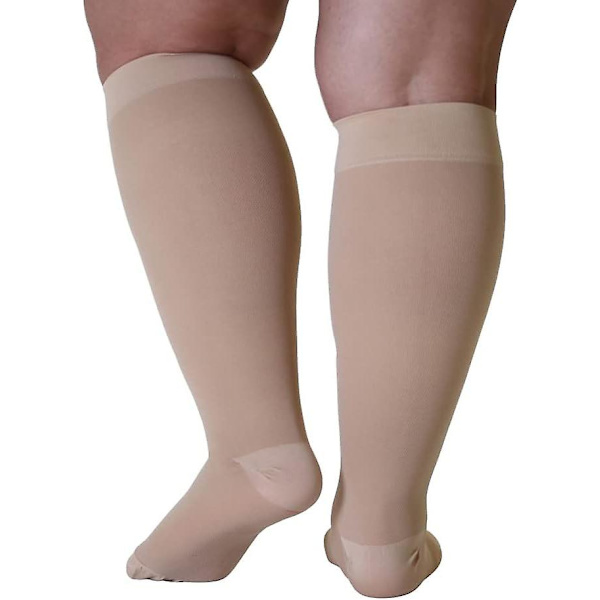 Kompresjonsstrømper - Plus Size - 20-30 mmHg - Unisex - Ekstra bred legg - Kne-høye - Ugjennomsiktig, lukket tå - Beige/3X-Large