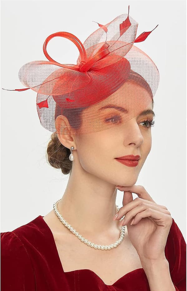 Fascinator Hat Med Blomsterfjær Hodebånd For Kvinner Mesh Fjær Hårklips (Rød)