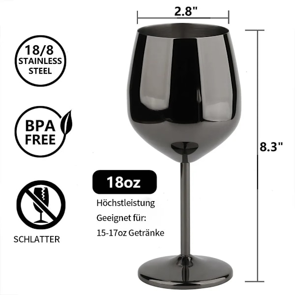 Rödvinsglas i rostfritt stål, bägare, vinglas för champagne, 500 ml cocktailglas (2-pack), svart