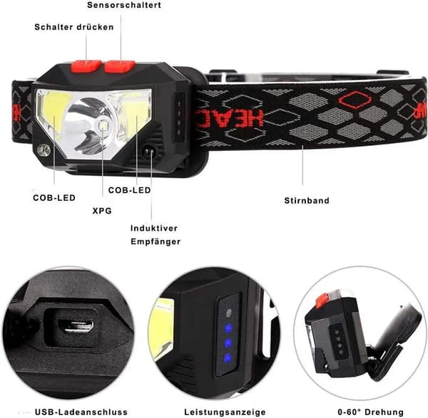 LED-hodelykt, LED COB-hodelykt USB-drevet med 8 lysmoduser, sensor og rødt lys, lett IPX4 vanntett mini-hodelykt