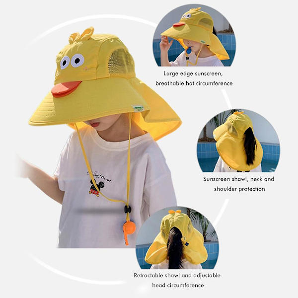 Solbeskyttende hat med nakkeflap til børn - Åndbar og bredskygget strandhat til udendørs sommeraktiviteter