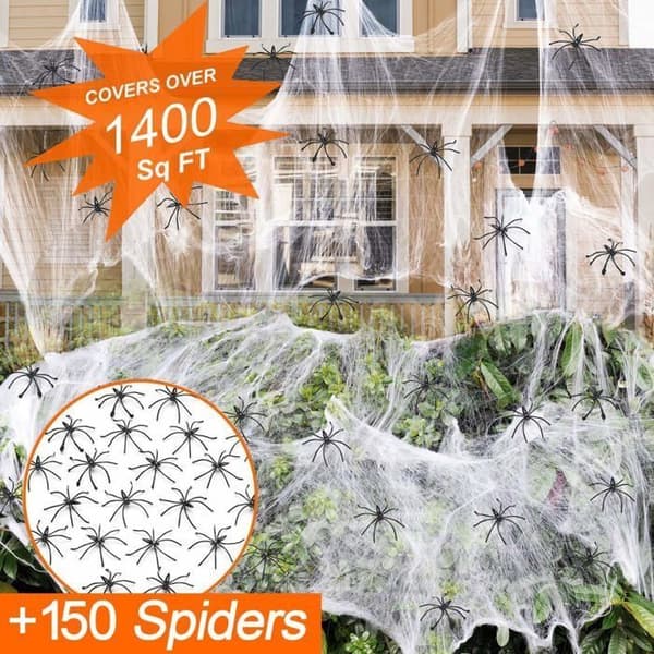Halloween Spindelvævsdekorationssæt - WINLLINEE - 150 Edderkopper - Dækker op til 130 m² - 420 g