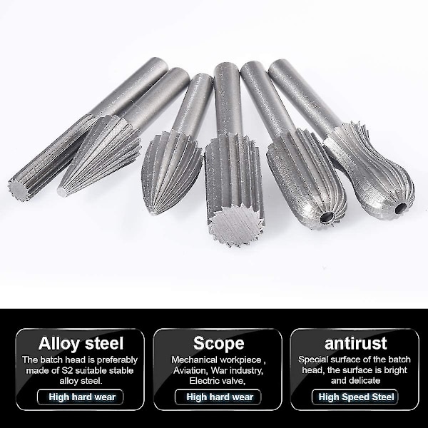 Paket med 6 Dubbelskurna Tungsten Rotationsfräsar 6mm Tungstenaxel Filning/Gravering/Slipning Bits för Rotationsverktyg