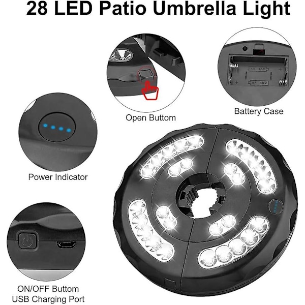 Parasolllampa, 28LED belyst parasoll 3 lägen Uppladdningsbar belysning Parasolllampa och stort paraply för camping, terrass,