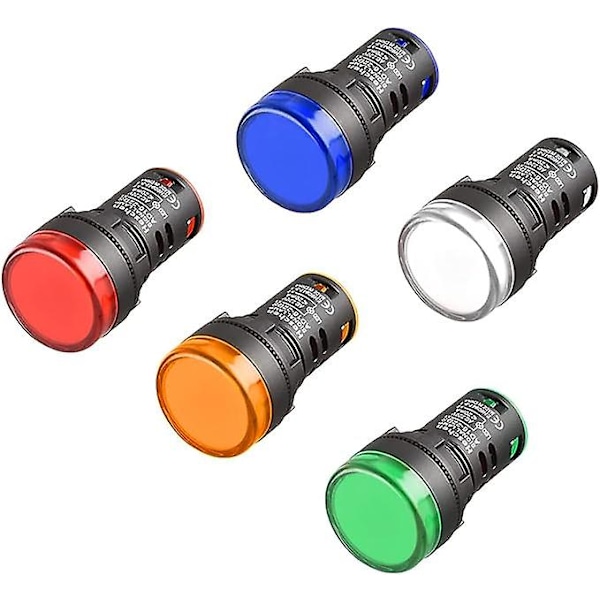 Set of 5 bright LED indicator lights AD16-22D/S - 22 mm 220 VAC 20 mA -Red/green/yellow/blue/white