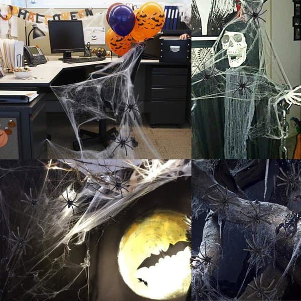 Halloween-dekorasjon - Tøyelig Spindelvev 60g - 30 Falske Edderkopper