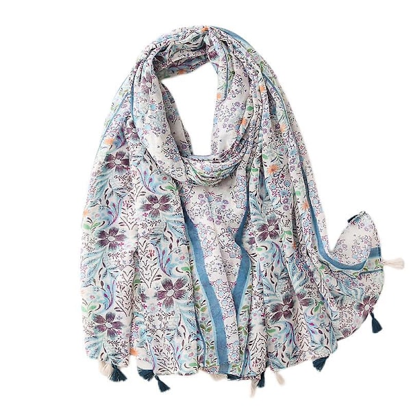 Kvinners Boho-skjerf, lett floralt trykt skjerf, høst/vinter mote frynseskjerf sjal, bursdagsgave, julegave-SL2009-018 Blå